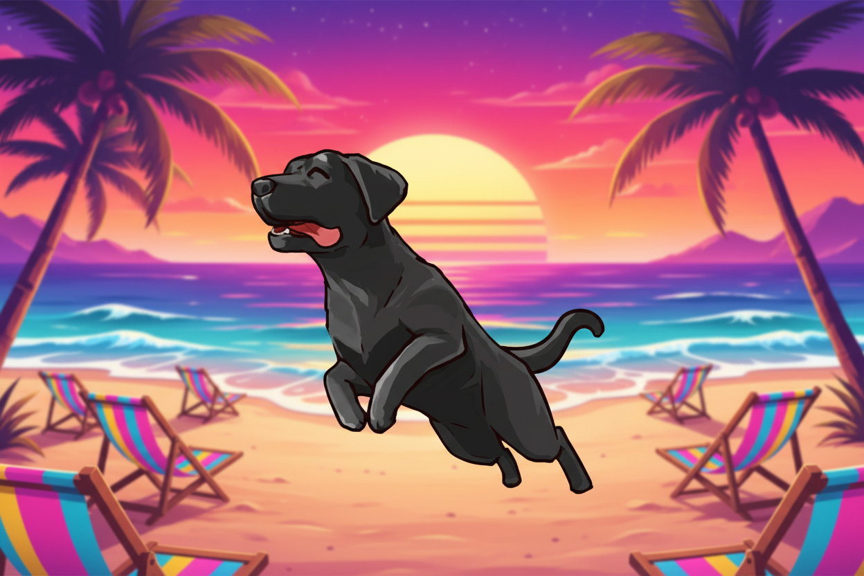 Centered black dog on 80s retro beach